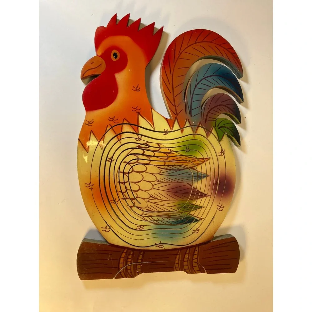 Vintage Wooden Rooster Collapsible Fruit Basket Hand Painted Folk Art 15 Inch
